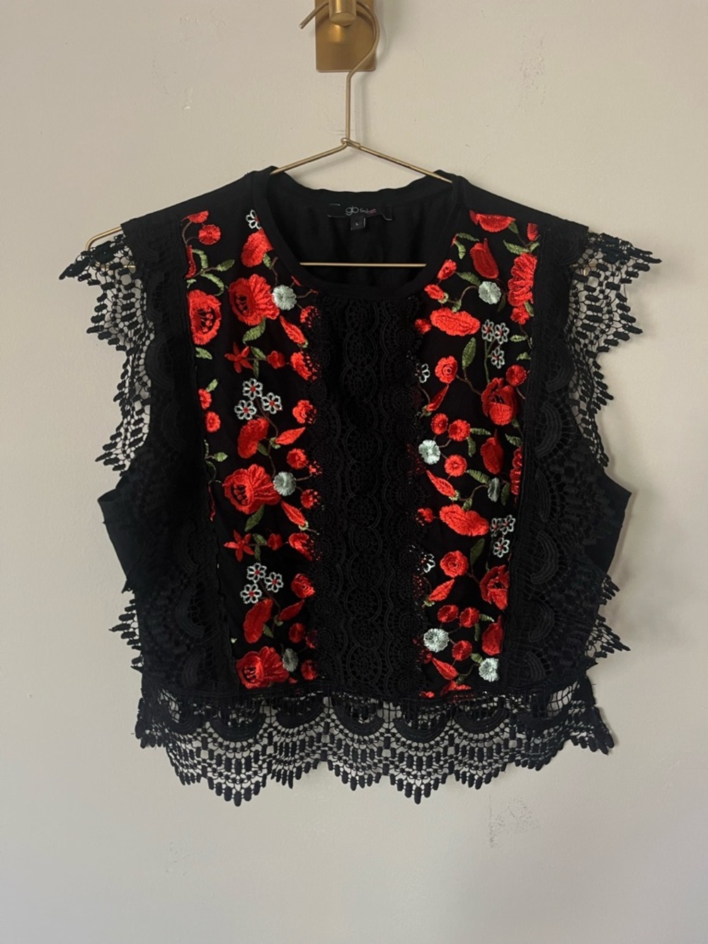 Go Fashion Black Lace Cotton camisole Boho grunge with Red Floral Embroidery L